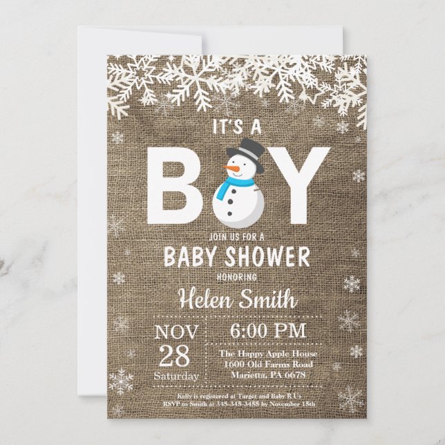 Faire-part de Baby Shower Rustique Hiver Bonhomme  (Devant)