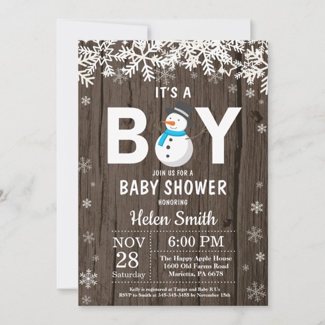 Faire-part de Baby Shower Rustique Hiver Bonhomme  (Devant)