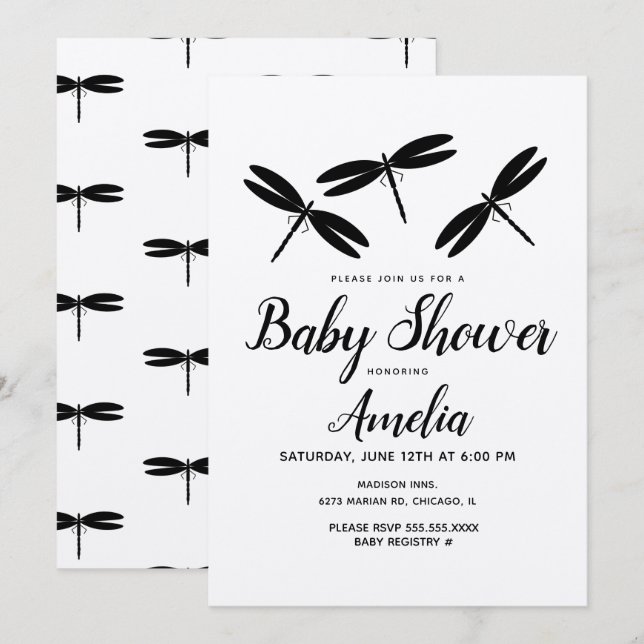 Faire-part de Baby Shower Rustique Libellules Noir (Devant / Derrière)