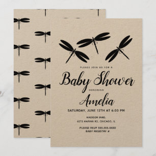 Faire-part de Baby Shower Rustique Libellules Noir