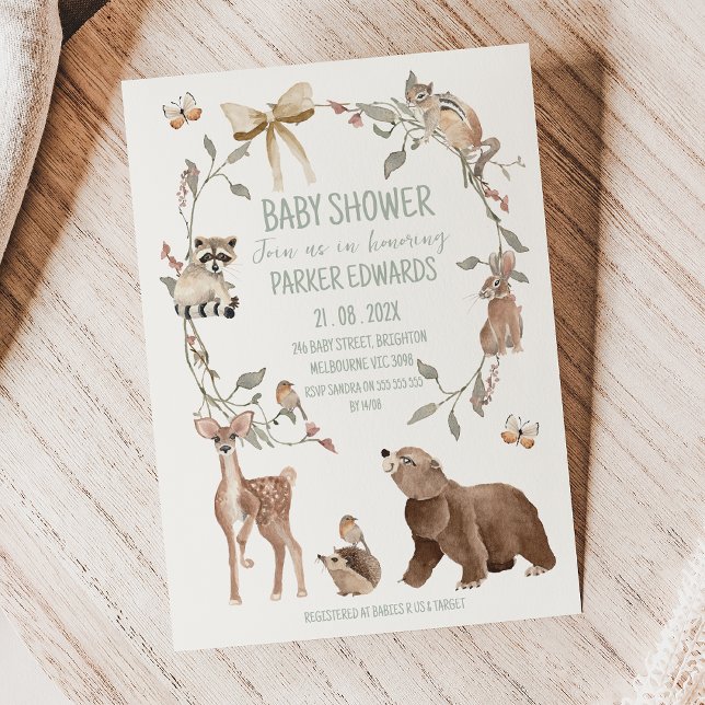 Faire-part de Baby Shower Rustique Marron en Bois (Gender Neutral Woodland Baby Shower Invitation Template, Woodland Animal Baby Shower Invite, Rustic )