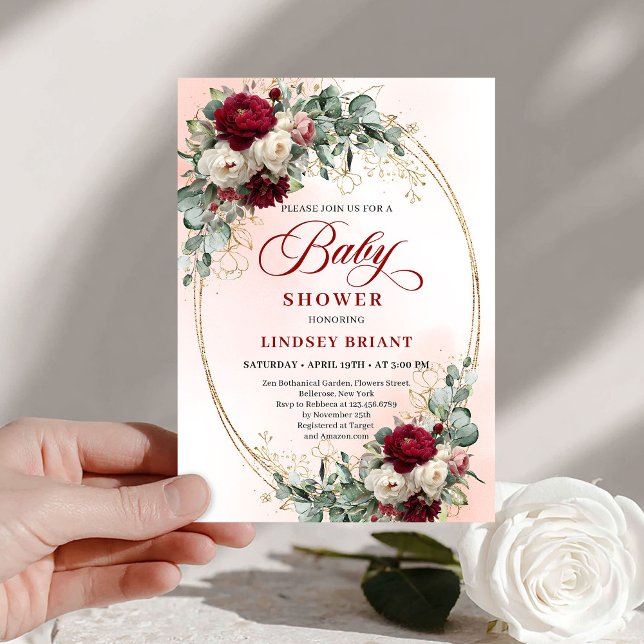 Faire-part de Baby Shower Rustique Marsala Floral  (Rustic Marsala Floral Gold Baby Shower Invitation)