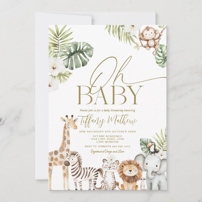 Faire-part de Baby Shower Safari Fille Modifiable (Devant)