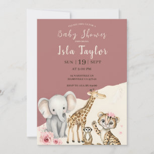 Faire-part de Baby Shower Safari Rose Animaux de l