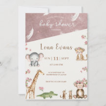 Faire-part de Baby Shower Safari Rose Aquarelle Ju
