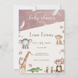 Faire-part de Baby Shower Safari Rose Aquarelle Ju
