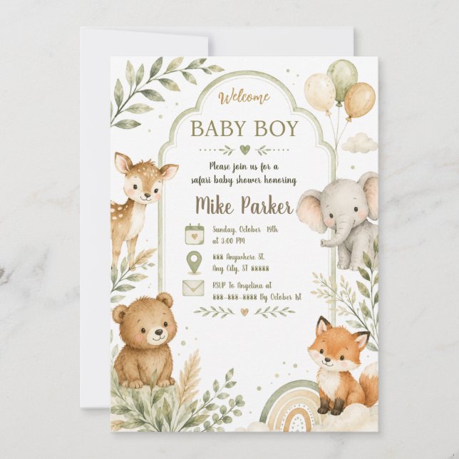 Faire-part de Baby Shower Safari Vert Neutre (Devant)