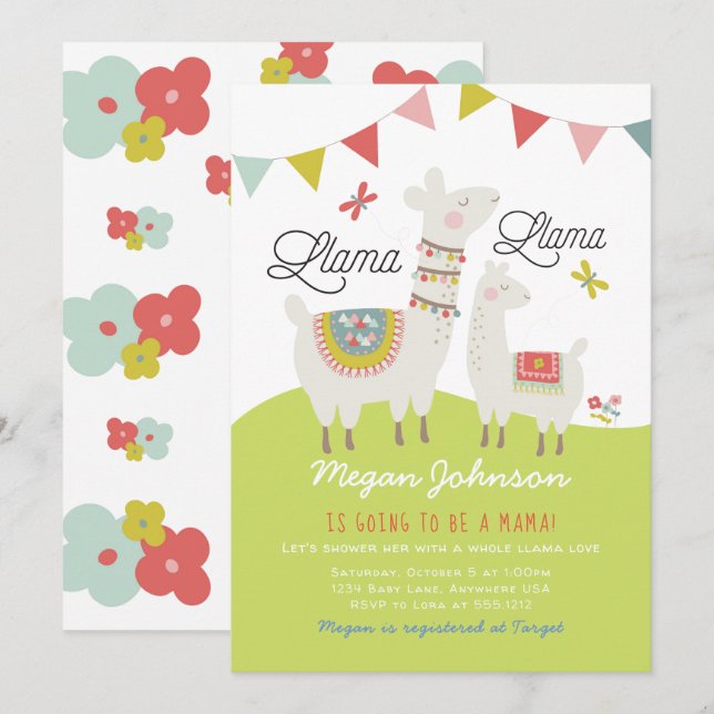 Faire-part de Baby Shower Scandi Boho Llama (Devant / Derrière)