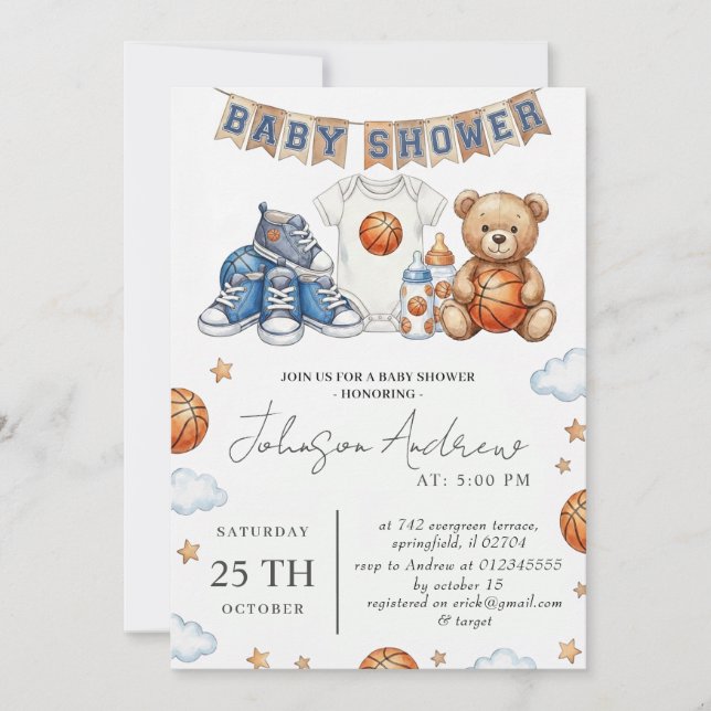 Faire-part de Baby Shower sur le thème de basket-b (Devant)