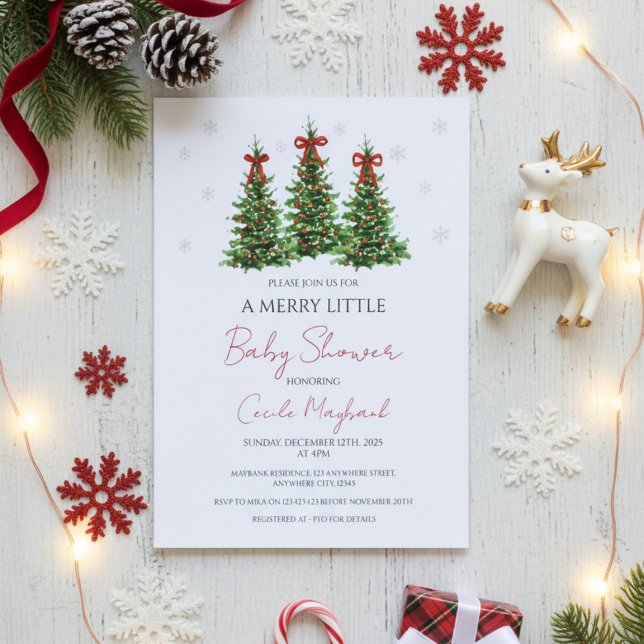 Faire-part de Baby Shower sur le thème de Noël (Elegant Christmas themed baby shower invitation with red bows and winter trees on white.)