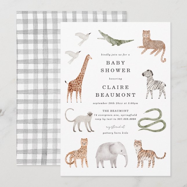 Faire-part de Baby Shower sur le thème des Animaux (Devant / Derrière)