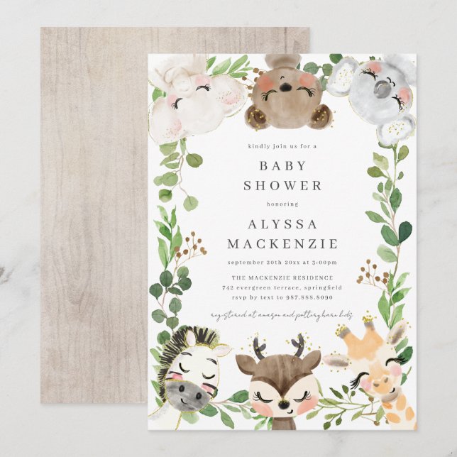 Faire-part de Baby Shower sur le thème des Animaux (Devant / Derrière)