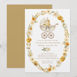 Faire-part de Baby Shower Taupe Floral Pram