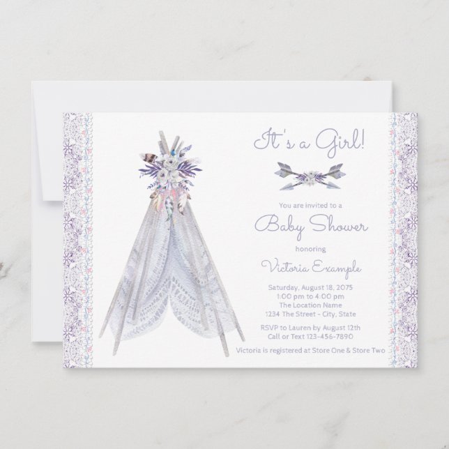 Faire-part de Baby Shower Teepee Fille Dentelle La (Devant)