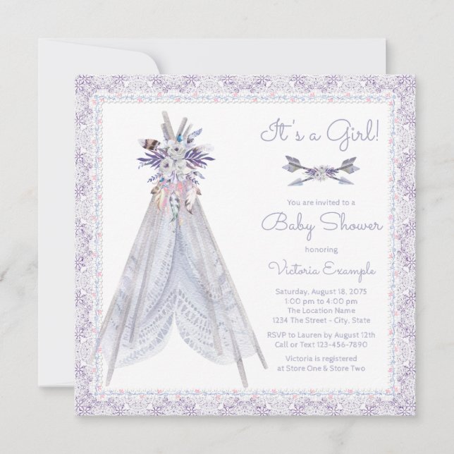 Faire-part de Baby Shower TeePee Fille Lace Lavand (Devant)