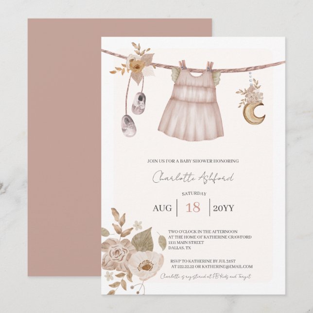 Faire-part de Baby Shower tenue de bébé fille Boho (Devant / Derrière)