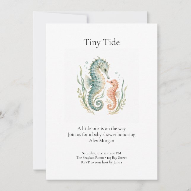 Faire-part de Baby Shower Tiny Tide Hippocampe (Devant)