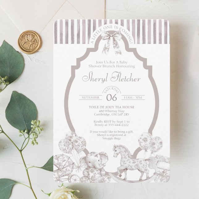Faire-part de Baby Shower Toile Neutre (Timeless toile de jouy baby shower invite with elegant vintage charm.







)