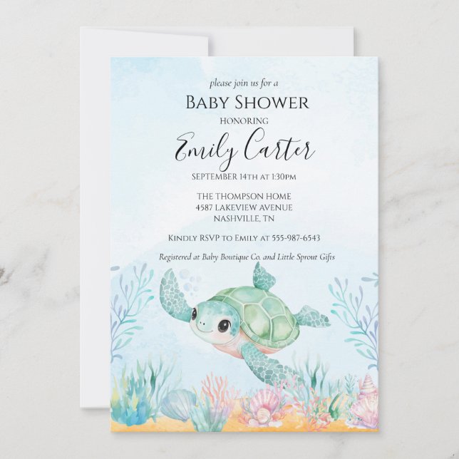 Faire-part de Baby Shower Tortue de Mer - Océan Bl (Devant)