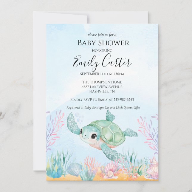 Faire-part de Baby Shower Tortue de Mer - Rose (Devant)