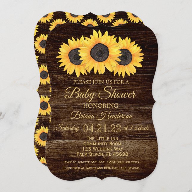 Faire-part de Baby Shower Tournesols Bois Rustique (Devant / Derrière)