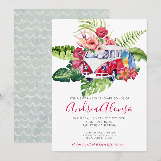 Faire-part de Baby Shower Tropical pour Bébé Fille (Devant / Derrière)