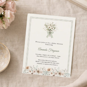 Faire-part de Baby Shower vert et ivoire à fleurs
