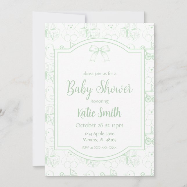 Faire-part de Baby Shower Vert Genre Neutre (Devant)