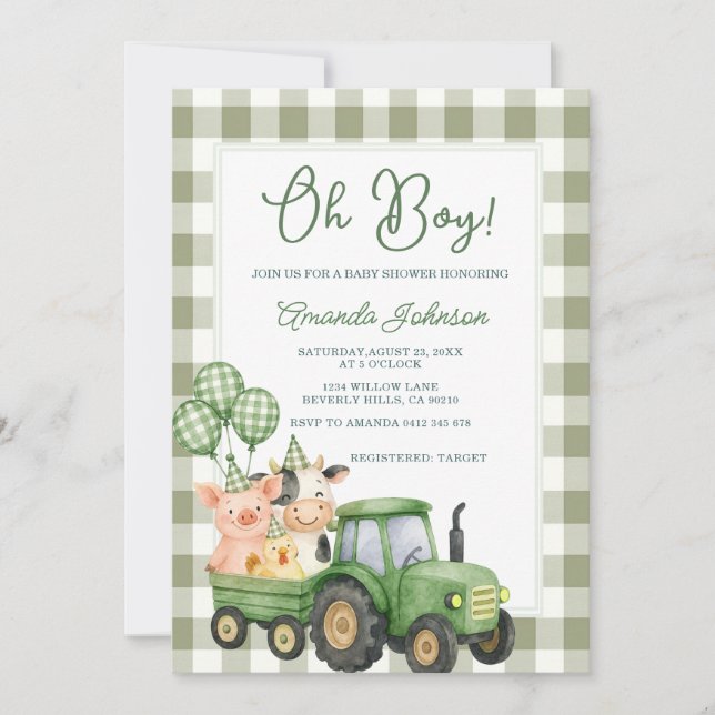 Faire-part de Baby Shower Vert Gingham Tracteur Sa (Devant)
