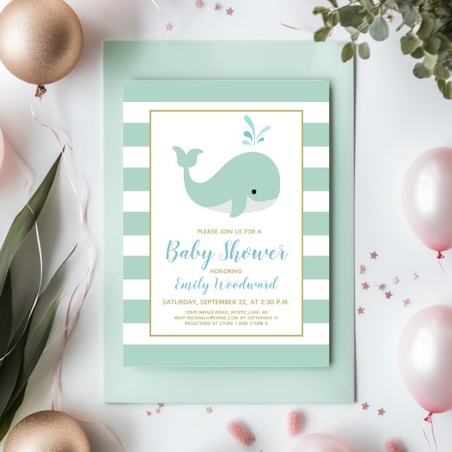Faire-part de Baby Shower Vert Menthe Baleine Mign (Créateur téléchargé)