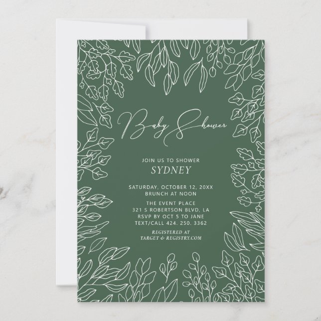 Faire-part de Baby Shower Vert Neutre | Feuille d' (Devant)