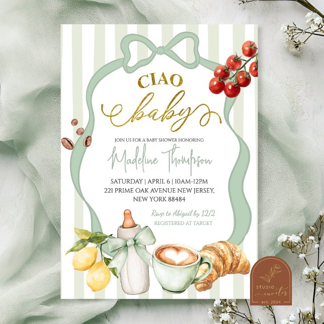 Faire-part de Baby Shower Vert Sauge Coquette Stri (Créateur téléchargé)