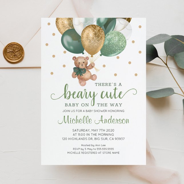 Faire-part de Baby Shower Vert Sauge Ourson (Créateur téléchargé)