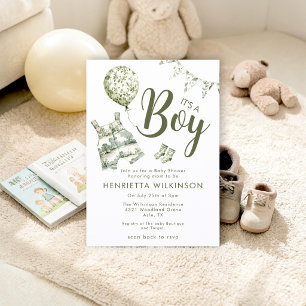 Faire-part de Baby Shower Vert Toile de Jouy pour 