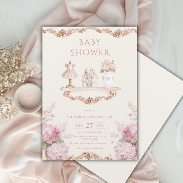 Faire-part de Baby Shower Vintage Hydrangea Rose (Créateur téléchargé)
