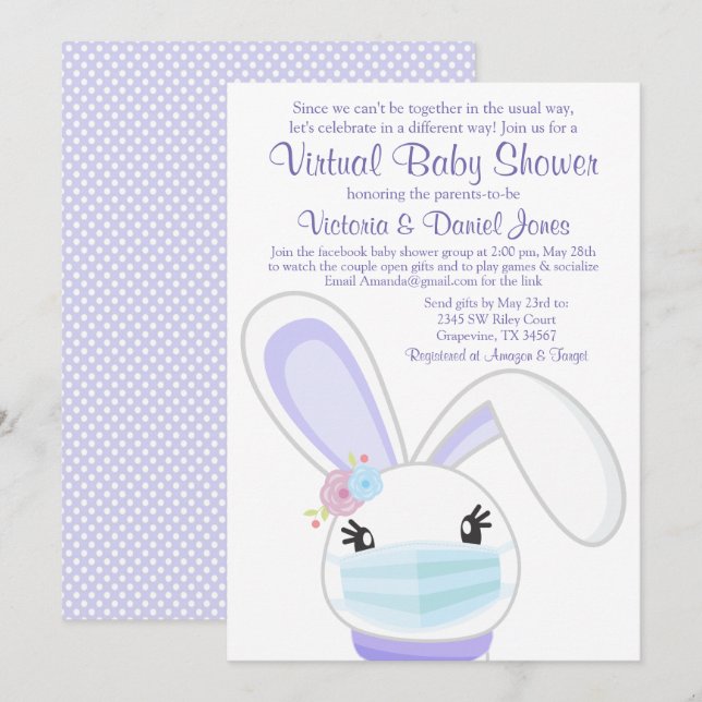 Faire-part de Baby Shower Virtuelle Masque Lapin F (Devant / Derrière)