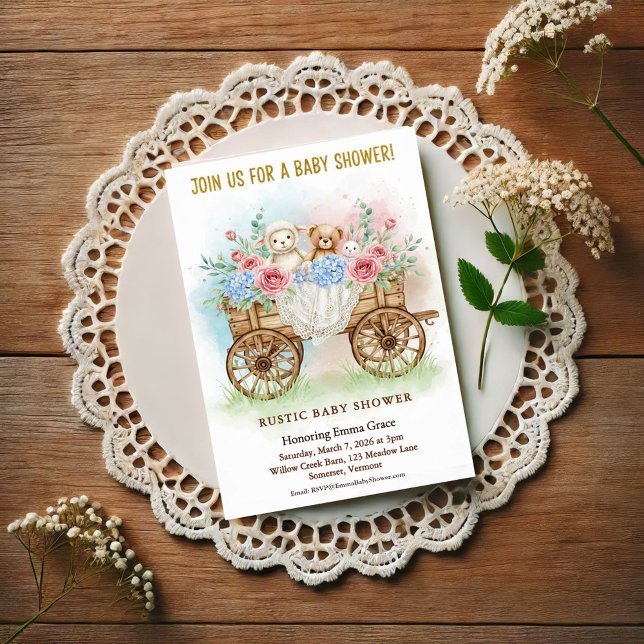 Faire-part de Baby Shower Wagon Floral Rustique (Créateur téléchargé)