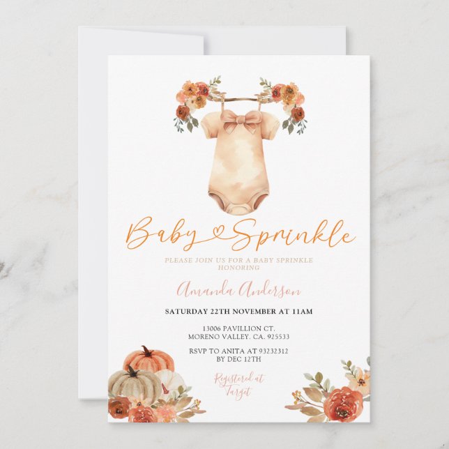Faire-part de Baby Sprinkle d'automne Bébé Citroui (Devant)