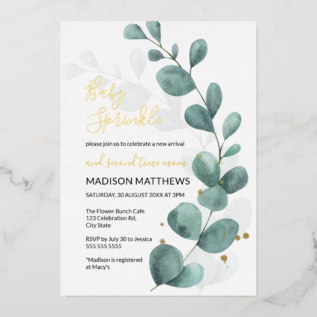 Faire-part de Baby Sprinkle Eucalyptus Vert feuill (Recto)