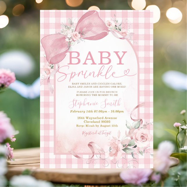 Faire-part de Baby Sprinkle Fille Ruban Gingham Ro (Créateur téléchargé)