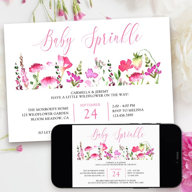 Faire-part de Baby Sprinkle Fleur des Champs Rose (Baby Sprinkle Little Wildfower Baby Shower Invitation from my Pink Wildflower Collection)