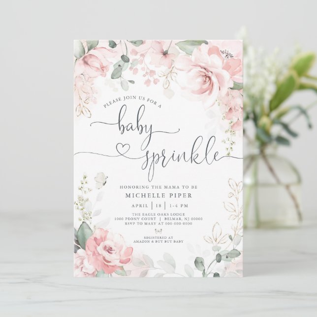 Faire-part de Baby Sprinkle Fleurs Roses, Bébé Piv (Debout devant)