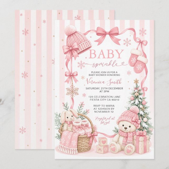 Faire-part de Baby Sprinkle Hiver Ourson Rose (Devant / Derrière)