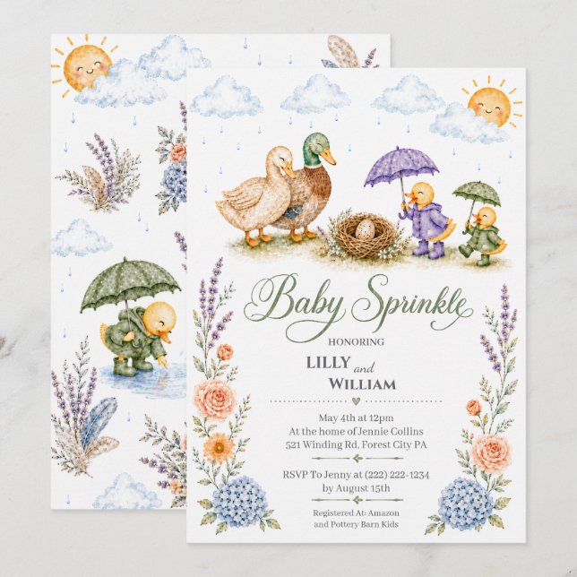 Faire-part de Baby Sprinkle pour deux frères et sœ (Devant / Derrière)
