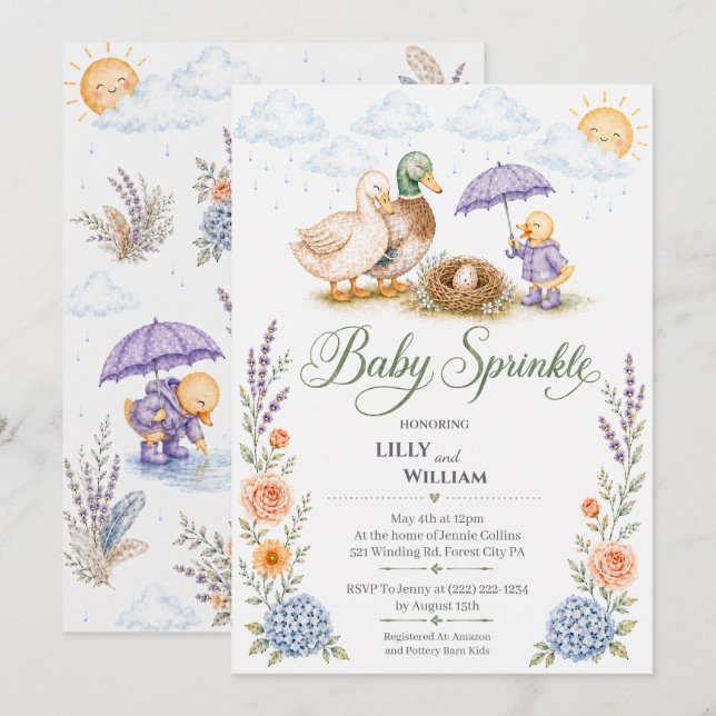 Faire-part de Baby Sprinkle pour un membre de la f (Devant / Derrière)