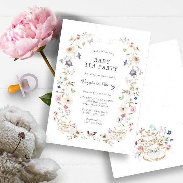 Faire-part de Baby Tea Party Shower (Beautiful Wildflower Baby Shower Tea Party Invitation by Painted Paperie)
