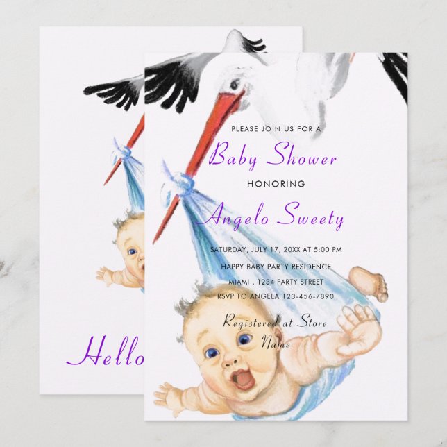 Faire-part de bains de bébé drôle avec une cigogne (Devant / Derrière)