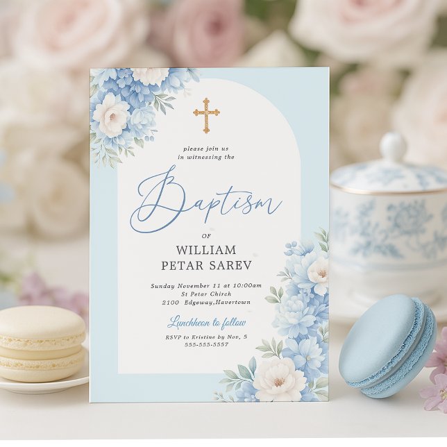 Faire-part de baptême à arche florale bleue avec c (Blue and gold floral baptism invite styled with tea set and macarons – elegant and soft)