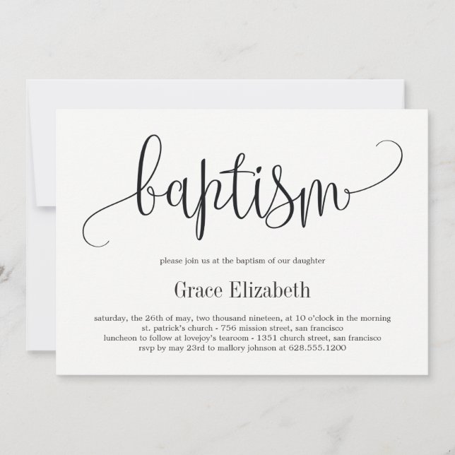 Faire-part de baptême à calligraphie charmante (Devant)