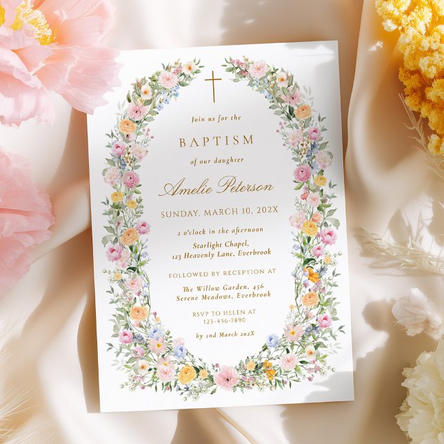 Faire-part de baptême à couronne florale aquarelle (Créateur téléchargé)